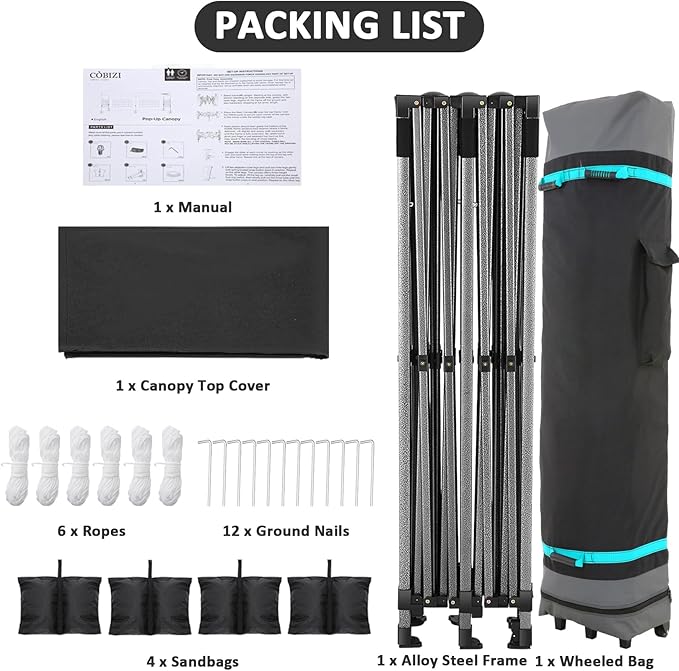 COBIZI 10x20 Pop Up Canopy Without Sidewall,Heavy Duty Canopy UPF 50+ All Season Wind Waterproof Commercial Outdoor Wedding Party Tents for Parties Canopy Gazebo with Roller Bag(10 x 20 ft Black)