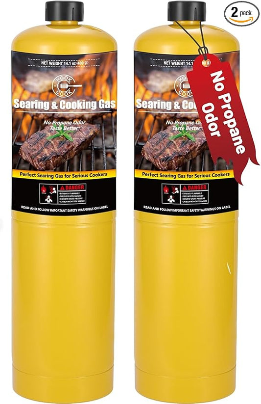 14.1oz MAPP Gas 2 Packs Kit 99.99% High Purity Equal to MAPP Gas Hotter than Propane No Odor Cooking Searing Camping Gas to Broil Sous Vide for Welding Brazing Soldering Propane Torch Head