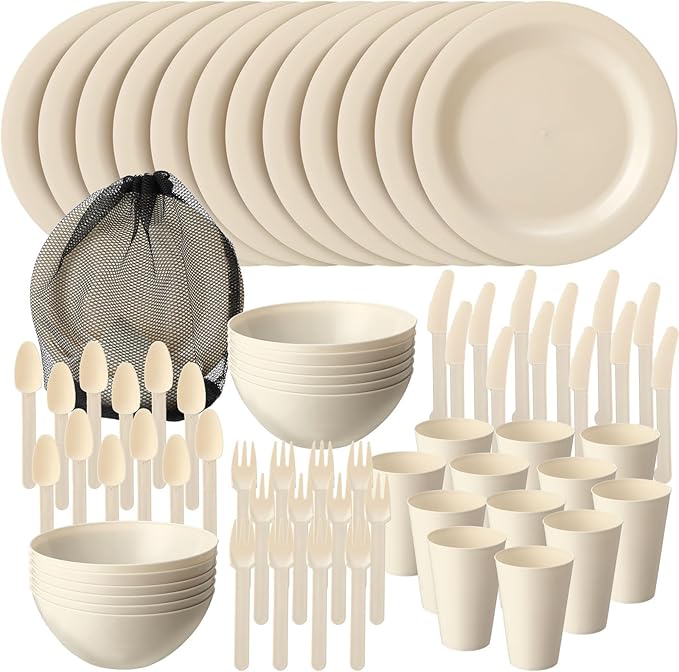 LemonRoad 12 Set College Dorm Dishes Essential Kit, Plates and Bowls Back to School Beige Room Dishes Set with Storage Mesh Bag Cup, Microwave Dinnerware Picnic for RV Camping