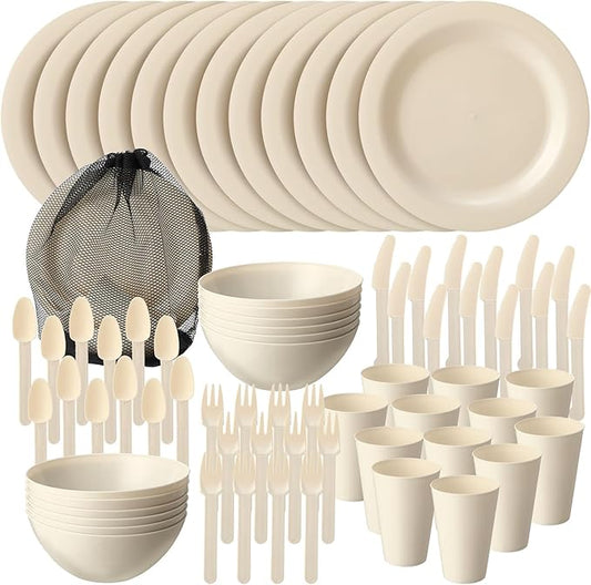 LemonRoad 12 Set College Dorm Dishes Essential Kit, Plates and Bowls Back to School Beige Room Dishes Set with Storage Mesh Bag Cup, Microwave Dinnerware Picnic for RV Camping
