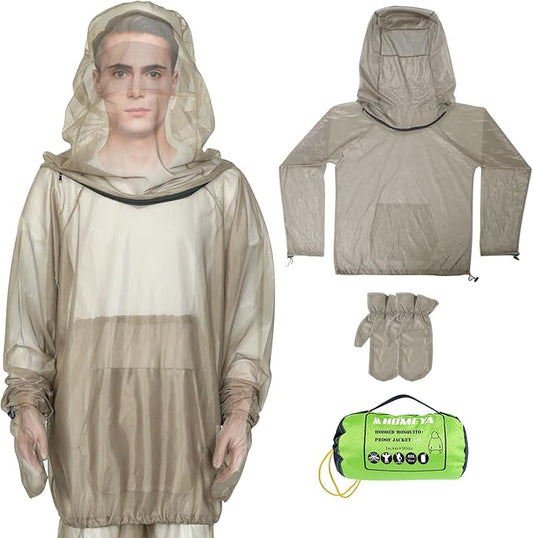 2-Piece Net Suit S/M, Zippered Hood Jacket & Gloves Set, Thickened Breathable Mesh, Adjustable Fit for Upper Body Protection, Unisex Lightweight Outdoor Gear for Camping, Fishing, Hiking, Gardening