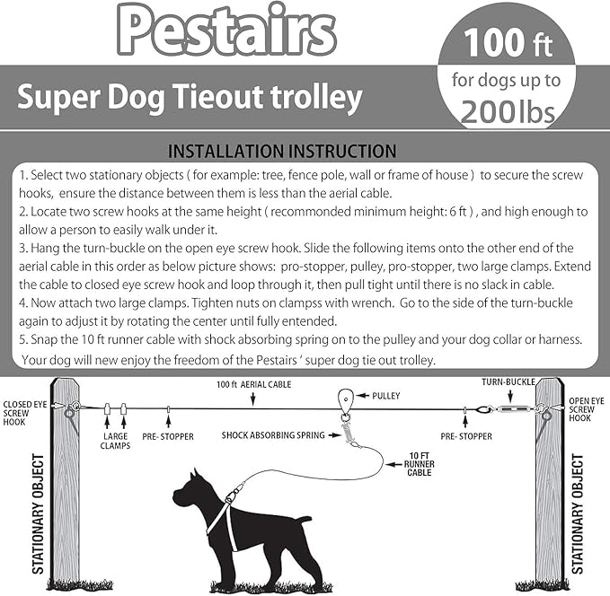 Heavy Duty Aerial Dog Tie Out Trolley System for Small to Large Dogs - 100ft Run Cable Zipline with 10ft Runner Cable Great for Yard Camping Outdoor (Red, 100 ft for one Dog up to 200 lbs)