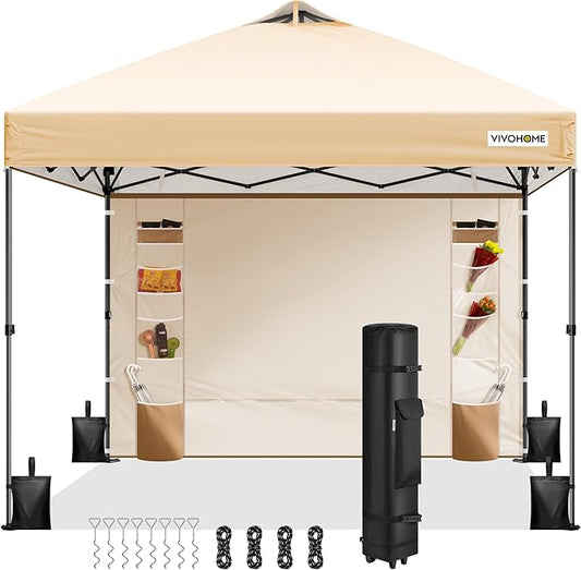 VIVOHOME 8x8ft Pop Up Canopy Tent with Sidewall and 6 Pockets, One Push Setup Outdoor Portable Shelter Tent Heavy Duty with Wheel Carry Bag and 4 Sandbags, Beige
