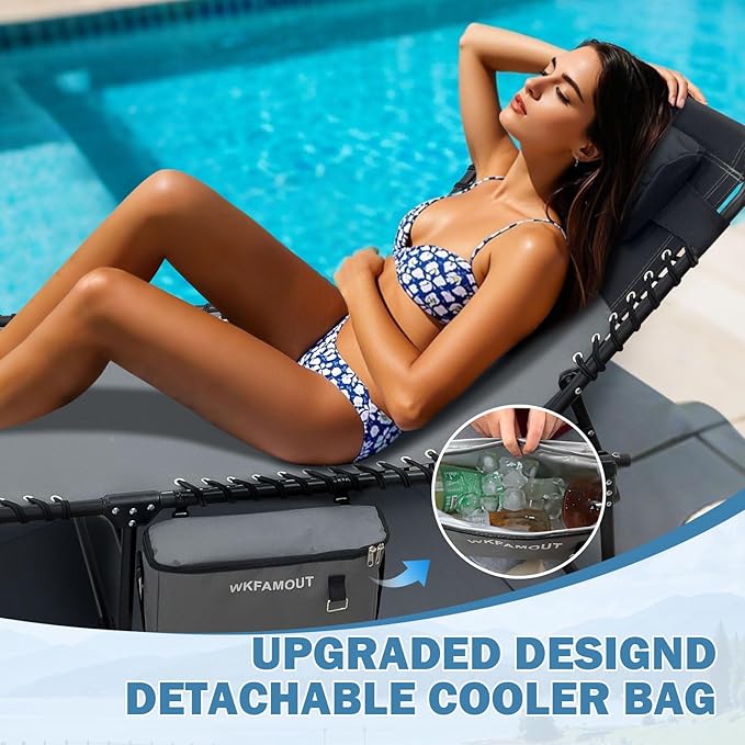 Folding Lounge Chair Outdoor with Insulated Cooler Bag Portable for Outside Patio Chaise Lounge Chair 5-Position with Pillow for Beach Sunbathing Pool Camping Lawn