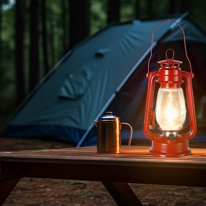 Hortsun 6 Pcs 12 Inch Vintage LED Hurricane Lantern Metal Red Outdoor Battery Operated Hanging Lantern with Warm LEDs and Dimmer Switch for Indoor Rustic Farmhouse Country Camping Decor