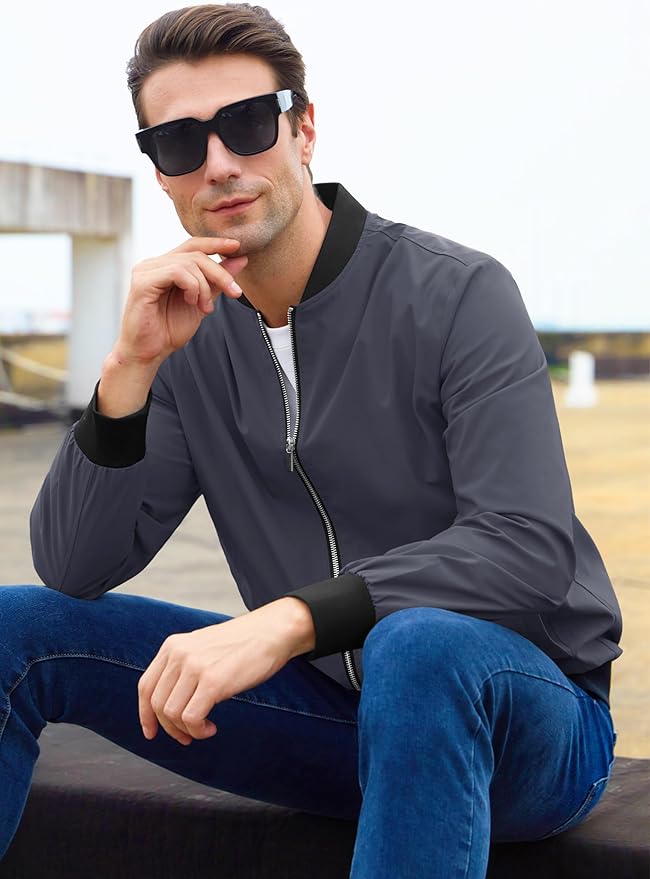 MAGCOMSEN Men's Bomber Jacket Lightweight Casual Zip Up Windbreaker Spring Fall Golf Coat with Pockets