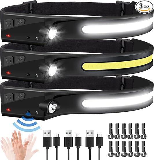 Headlamp Rechargeable, 3Pack Rechargeable LED Headlamps 1200Lumens 2 COB 230°Wide Beam Headlight with Motion Sensor Bright 5 Modes Lightweight Waterproof Head Lamp for Outdoor Running, Camping Hiking