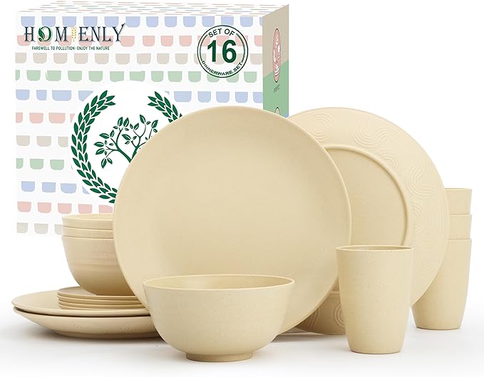 Homienly Premium Wheat Straw Dinnerware Sets, Lightweight & Unbreakable Plates and Bowls Sets,Cups,Service for 4,Dishwasher and Microwave Safe 16 PCS Dish Sets for Home，Camping- Beige