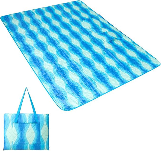 #WEJOY 3 in 1 Outdoor Picnic Blanket, Padded 3 Layers Beach Blanket, 80x60'', 4 Person, Easy to Fold, Waterproof for Lawn,Camping, Park (Blue)