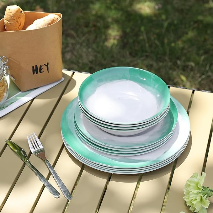 Melamine Dinnerware Sets, 12pcs Plates and Bowls Set, service for 4, Dishwasher Safe, Indoor and Outdoor Use, Green Melamine dishes