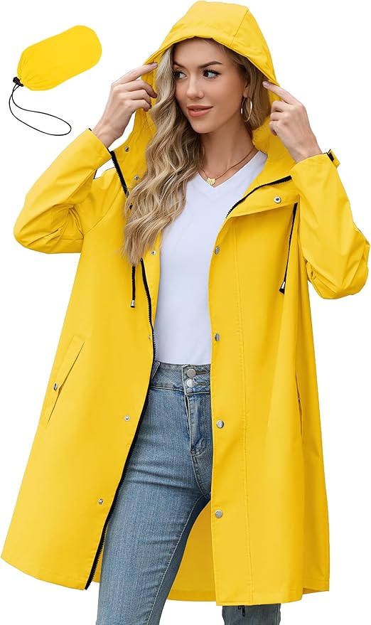 Zando Long Packable Rain Jacket Women Waterproof - Raincoat for Women Rain Coat with Hood Lightweight Outdoor Windbreaker
