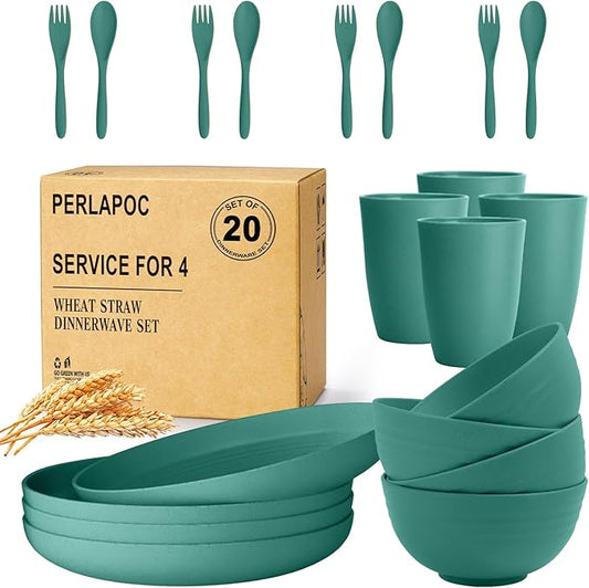 Wheat Straw Dinnerware Sets for 4, Unbreakable & Lightweight Plates and Bowls Sets, Travel Camping Cutlery Set, Dishwasher Microwave Safe 20-Piece Dinnerware - Dark Green