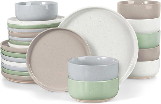 LIANYU Dinnerware Plates and Bowls Set for 8, 24PCS Speckled Dinnerware Set for Soup, Salad, Food Grade Clay Stoneware Dishes, Scratch Resistant, Stackable Design, Assorted Colors