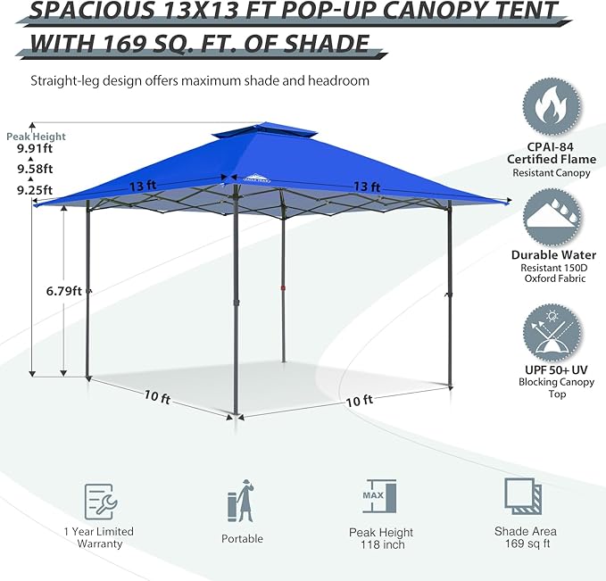 EAGLE PEAK 13x13 Straight Leg Pop Up Canopy Tent Instant Outdoor Canopy Easy Single Person Set up Folding Shelter w/Auto Extending Eaves 169 Square Feet of Shade (Blue)