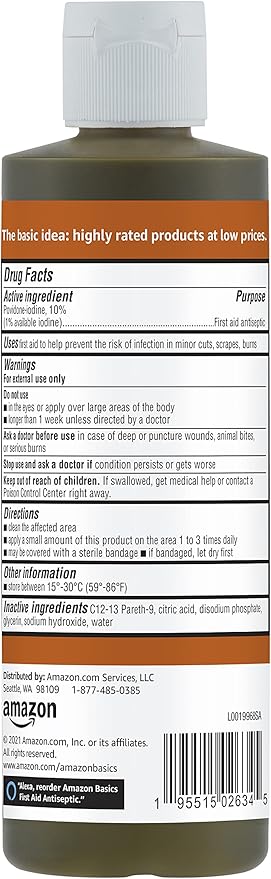 Amazon Basics First Aid Antiseptic, 10% Povidone Iodine Solution, 8 Fl Oz, Pack of 4