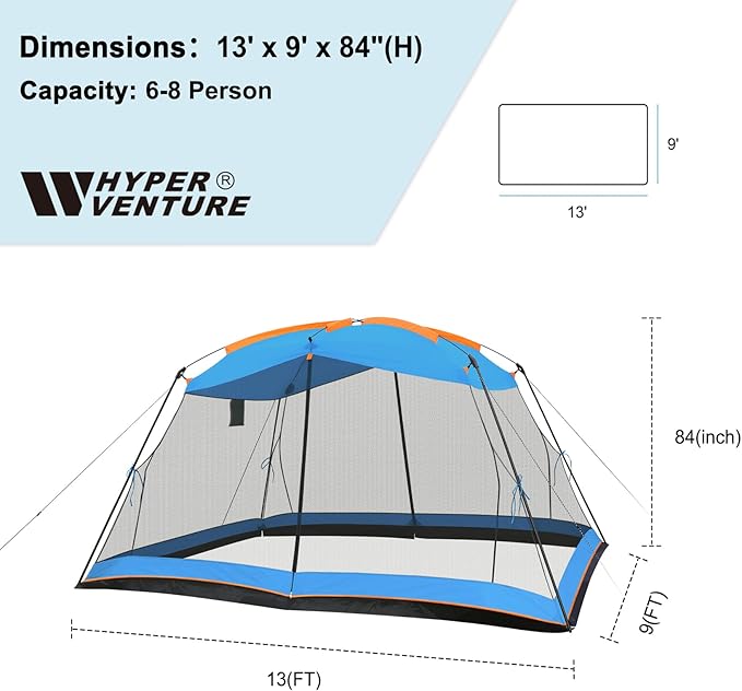 Hyper Venture Screen House 13x9 FT 4 Mesh Walls Canopy Tent Camping Gazebo Shelter for 6-8 People Outdoor Party Activities, Blue