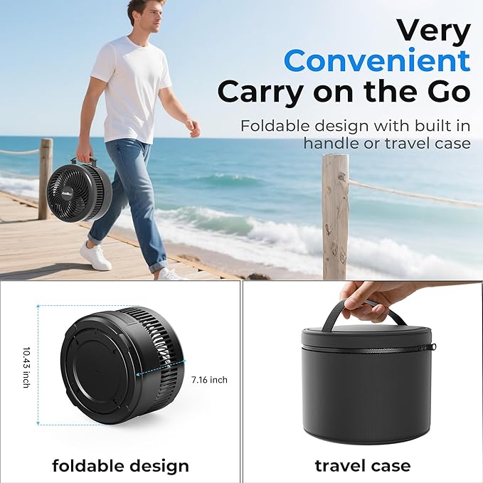 40000mAh Battery Operated Fan - Rechargeable Collapsible Fan, 106H Run, 9 Speeds Oscillating, Battery Powered with Timer & Light for Camping Travel RV Outdoor Hurricane Power Outage Black