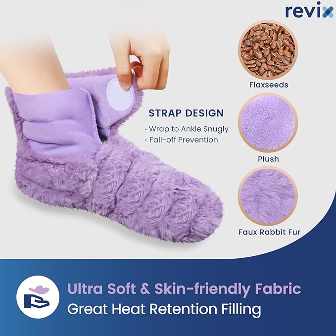 REVIX Microwavable Booties and Hot Feet Warmers for Women & Men,Heated Foot Warmer with Flaxseed Moist Heat Therapy for Foot Ankle, Cold Feet, Purple, S/M