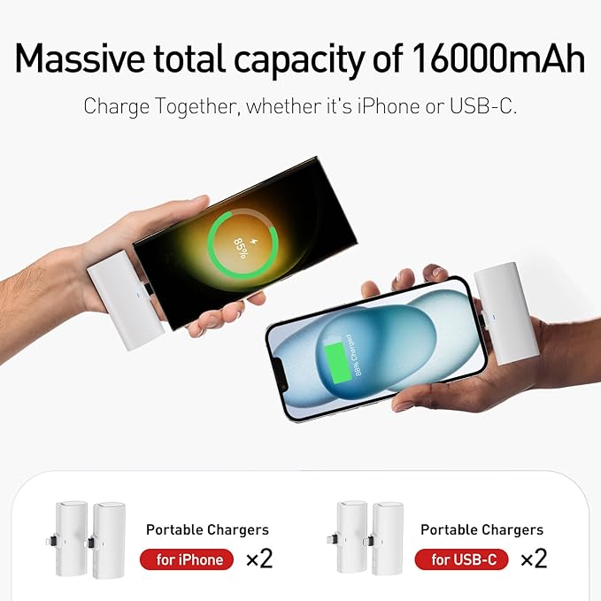 Family Small Portable Charger 4000mAh 4 Packs Charging Station Set, Shared Power Bank Kit Compatible with iPhone 14 Series(2 Pack) and USB-C iPhone 15 Series(2 Pack) Battery Pack for Travel, Party