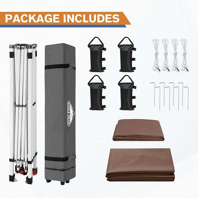 EAGLE PEAK Pop Up Canopy Tent with 1 Sidewall, Easy Setup Event Tent, Outdoor Sun Shade, Wheeled Carry Bag, Stakes and Guy Ropes, Instant Canopy 10x10, Dark Brown