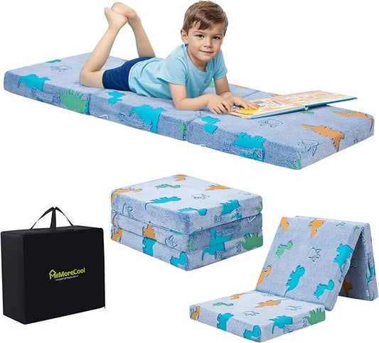 MeMoreCool Foldable Floor Mattress for Kids, Glow Dinosaur Toddlers Trifold Nap Mat, Kids Folding Mattress Portable Sleeping Futon for Daycare or Floor Bed, 57x22 Inch Blue