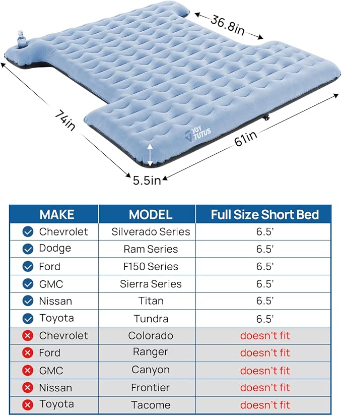 JOYTUTUS Upgraded Light Version Truck Bed Air Mattress for Camping, Thicken Inflatable Mattress for 6.4-6.7Ft Full Size Regular Bed,with Built-in Cup Holder&2 Inflatable Pillow,Grey Blue