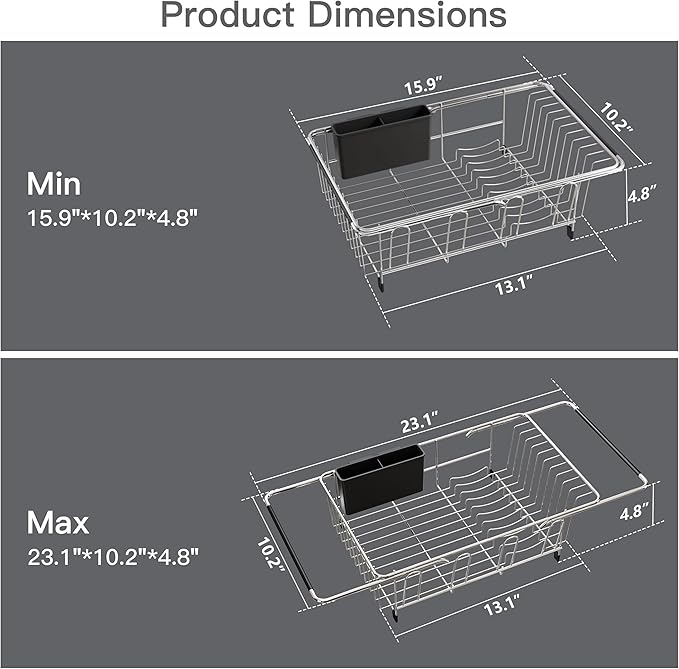 Over the Sink Expandable Dish Drainer Drying Rack In Stainless Steel for Small Kitchen, Counter Space Saving Modern Compact Metal Above Plate Dryer Strainer, Adjustable Hanging Inside Drain Holder