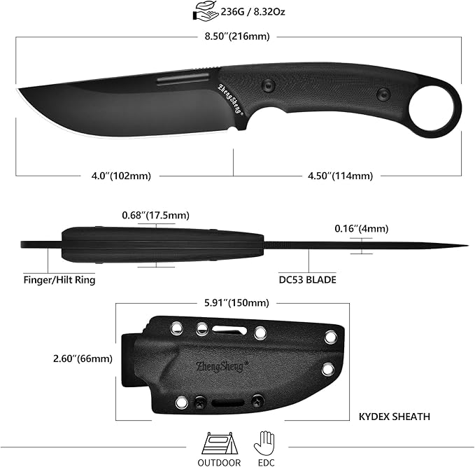 Fixed Blade Knife with Sheath, 4.0” DC53 Steel blade with Black Titanium Coating and G10 Handle Full Tang Outdoor Camping Hiking Survival Knives for Men Women