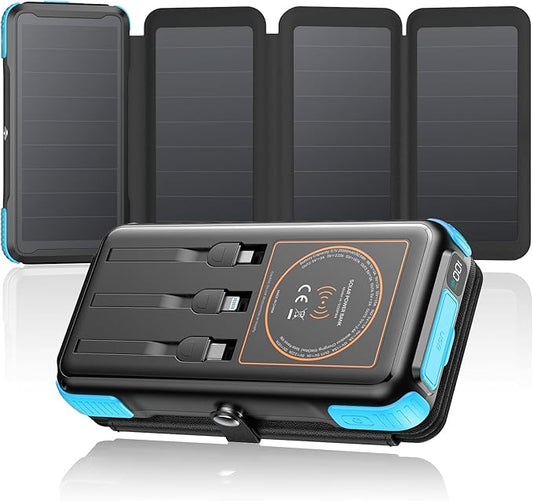 SOARAISE Solar Charger 25000mAh/92500mWh Wireless Portable Charger, 20W Fast Charging Power Bank with Built-in 3 Cables, PD QC 3.0 Phone Battery Pack with 4 Solar Panels & Flashlights for Camping