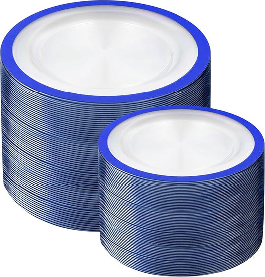 U-QE 200pcs Royal Blue Plastic Plates - Clear Disposable Plates Heavy Duty - Includes 100 10" Dinner & 100 7" Dessert Plates for Party, Birthday