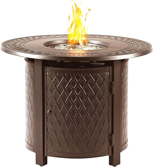 Round 34 in. x 34 in. Aluminum Propane Fire Pit Table with Glass Beads, Two Covers, Lid, 37,000 BTUs in Brown Finish