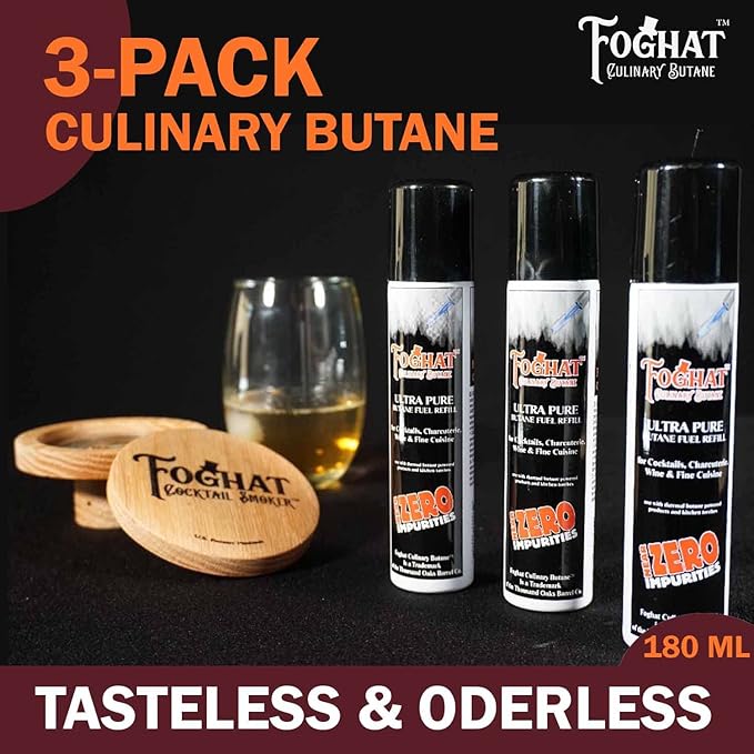 Foghat Culinary Butane Fuel Refill (3 x 60ml) - Torch Lighter Butane Refill Canister, Fits All Kitchen Smoking Torches - Food Grade Ultra Refined For Cocktail Smoker Kit, Creme Brulee Torch