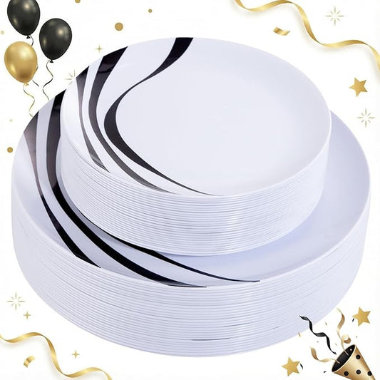 EI 60pcs Black and White Plastic Plates for Party,Black Rim Disposable Plates,Fancy Plastic Dinner Plate,Disposable Dessert Plate for Famiily Event,Wedding,Afternoon Tea,New Year