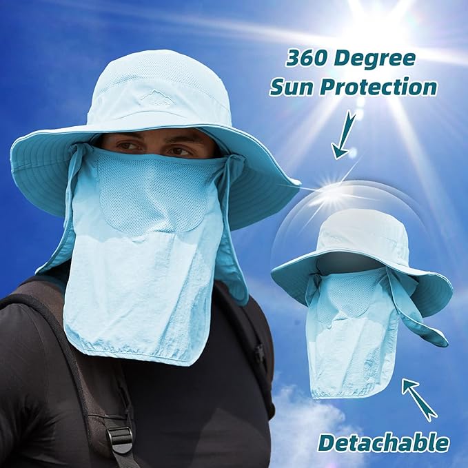 Fishing Hat for Men Sun Protection Hat with Removable Mesh Face Neck Flap Cover Windproof Strap for Men and Women