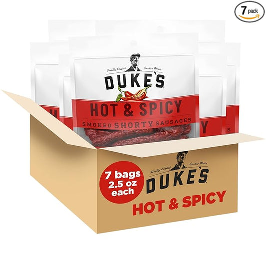 Duke's Pork Hot & Spicy Smoked Shorty Sausages, 7g Protein Per Serving, 2.5 oz. Snack Bags (Pack of 7)