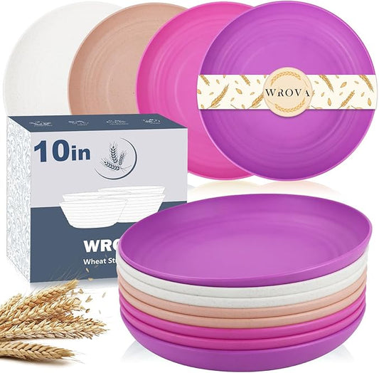 Wheat Straw Plates - Unbreakable 10 Inch Dinner Plates Set of 8 - Dishwasher & Microwave Safe, Easy to Clean for Kitchen, Camping - White, Pink, Purple