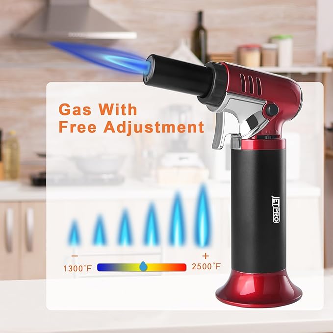 Butane Torch Lighter Refillable with Adjustable Flame Kitchen Torch for Creme Brulee Baking BBQ Cooking Soldering One Hand Operation with Fuel Window Safety Lock (Butane Gas Not Included)