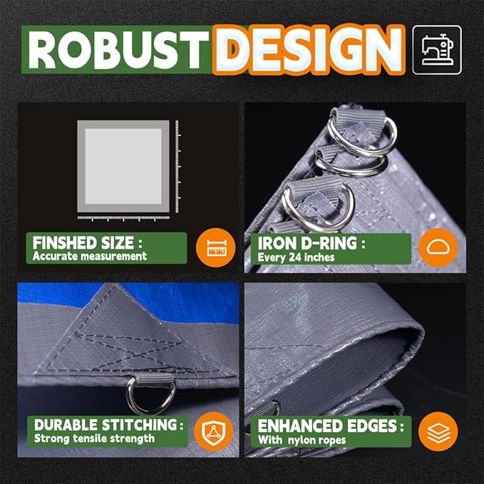 RAINDEWAY Tarps Heavy Duty Waterproof 6x8 Feet -14 Mils Super Heavy Duty Tarp with Metal Rings and Reinforced Corners and Edges, UV Resistant, Multipurpose Poly Tarp,Blue/Gray tarp