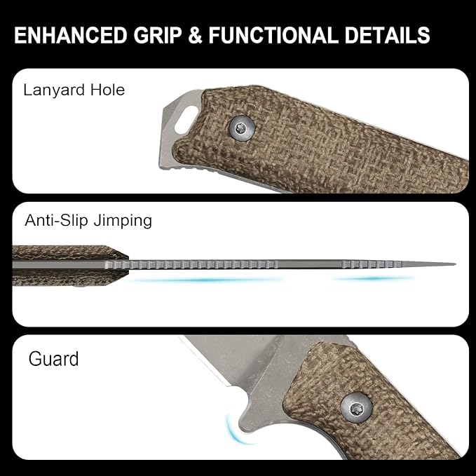 Kizer Begleiter Fix Fixed Blade Knife, 3.78" Drop Point 3V Blade Hunting Knives with Kydex Sheath, Brown Burlap Micarta Handle EDC Knife for Camping Hunting Survival 1045MD1