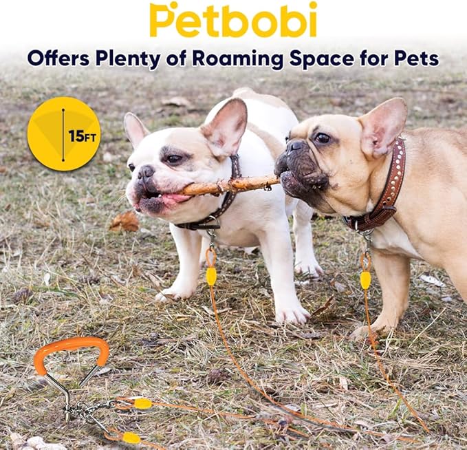 Petbobi Dog Tie-Out Cable and Stake - 15ft Heavy Duty Cable, No Tangle, 16in Ground Stake, Ideal for Yard, Camping and Beach, Suitable for Small Medium Large Dogs Up to 20 lbs, Orange