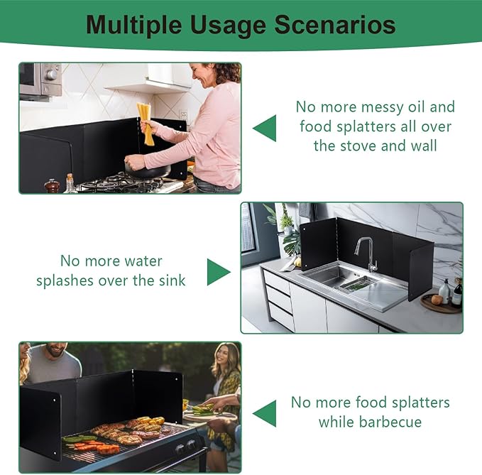 Black Large 4 Sided Splatter Guard for Frying Stove Top,Oil Splash Guard Cooking for Stove,Non Stick Foldable Splatter Screen for Stove Top