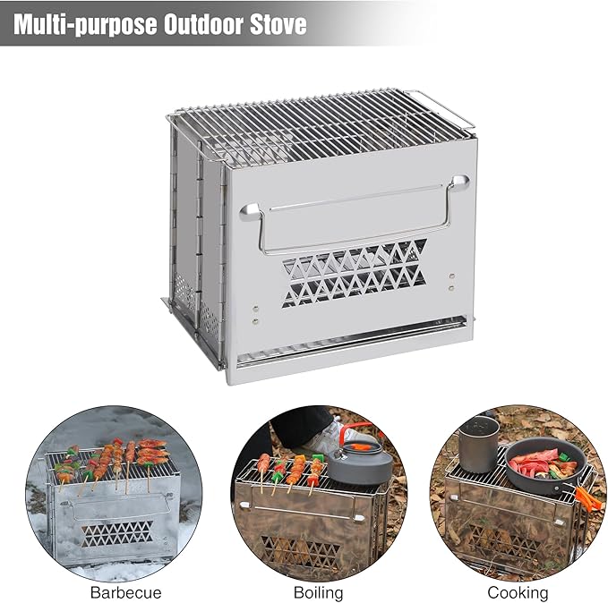 REDCAMP Wood Burning Folding Camp Stove Stainless Steel Grill, Rectangle Style Portable Collapsible Backpacking Stove Survival Rocket Stove for Hiking Outdoor Tent Camping Picnic BBQ, Large