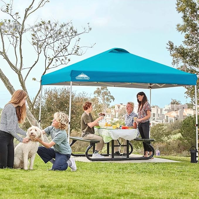 EAGLE PEAK Pop Up Canopy Tent with Wheeled Carry Bag, 8 Stakes, 4 Ropes, 4 Weight Bags, Easy Set Up Tent Canopy, 10x10 ft, 100sqft of Shade, Turquoise