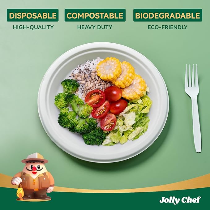 JOLLY CHEF Compostable Heavy Duty Plates 𝟳 𝗶𝗻𝗰𝗵 𝗮𝗻𝗱 𝟵 𝗶𝗻𝗰𝗵 [𝟭𝟮𝟬 𝗣𝗮𝗰𝗸] Eco-Friendly Disposable Paper Plates Bagasse Biodegradable Sugarcane Fibers Round Bulk for Party Dinner(White)
