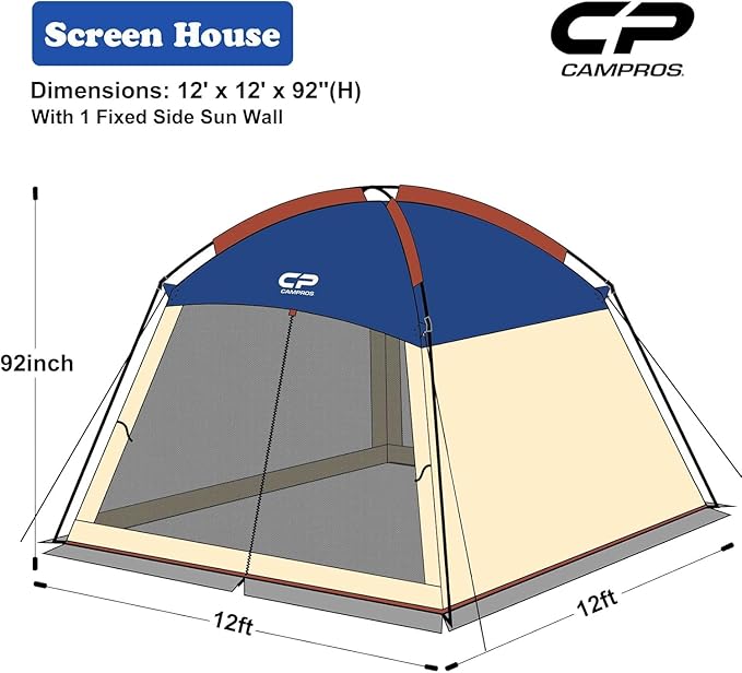 CAMPROS CP Screen House Room with 1 Side Wind/Sun Panel Canopy Tent Camping Tent Screen Shelter Gazebos for Patios Outdoor Camping Activities, 12'X12'X92in(H) - Blue