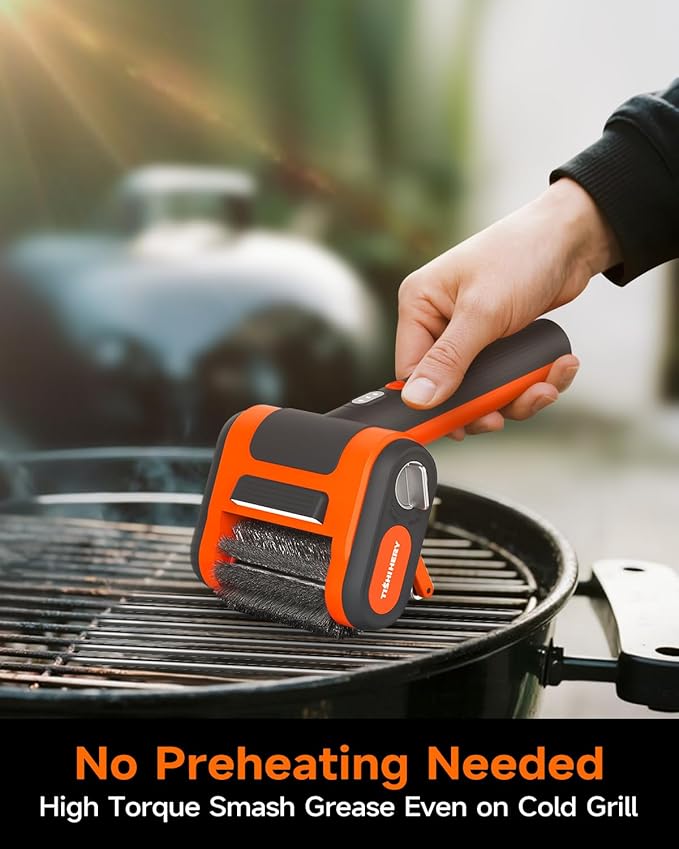 Electric Spin Grill Brush for Outdoor Grill, 750 RPM High-Speed Stainless Steel Brush Head, 3000mAh Battery, No Preheating Grill, No Bristle Shedding, Rechargeable BBQ Grill Brush with LED Light