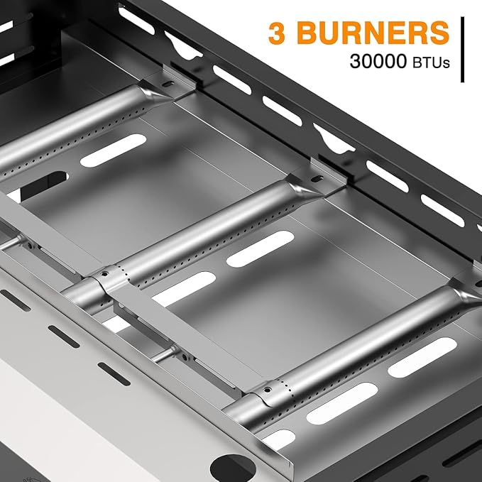 3 Burner BBQ Gas Griddle, 25.6 Inch Stainless Steel Portable Detachable Propane Griddle, 30,000 BTU Flat Top Barbecue Grill with Side Shelves for Camping