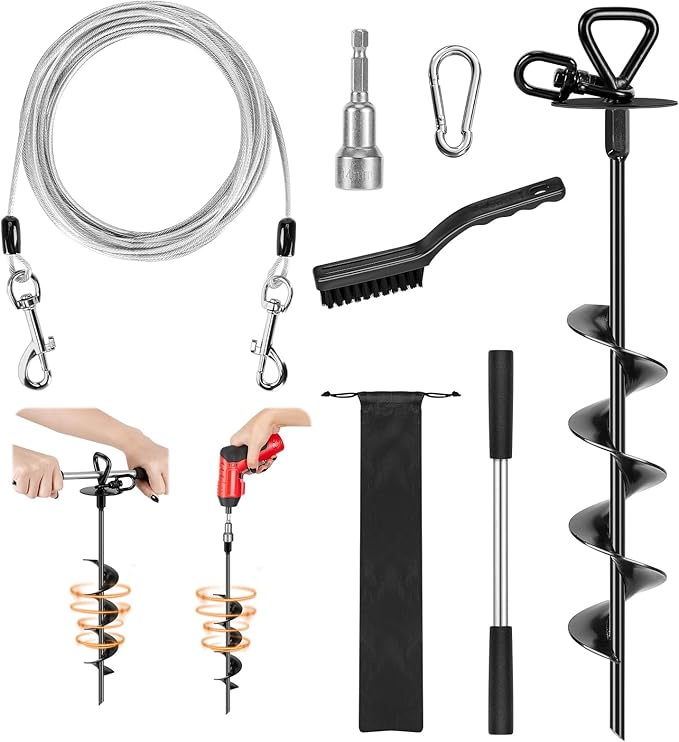 Heavy Duty Dog Tie Out Stake Kit - 30ft Tether with Ground Anchor, Brush, Handle, Storage Bag & Drill Bit - Secure Outdoor Pet Containment for Yard, Camping(Black)