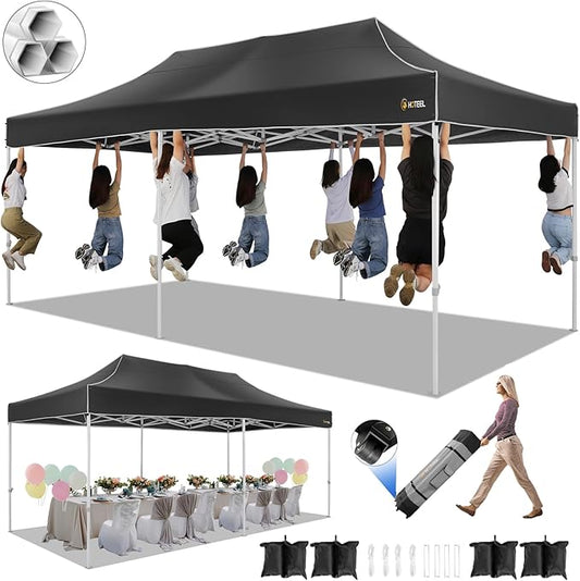 HOTEEL 10x20 Pop up Canopy Tent for Parties, Heavy Duty Easy Setup Tent Without Sidewalls, Outdoor Commercial Instant Gazebo for Wedding Event, with Roller Bag & Sand Bags, Black(Hexagonal Frame)