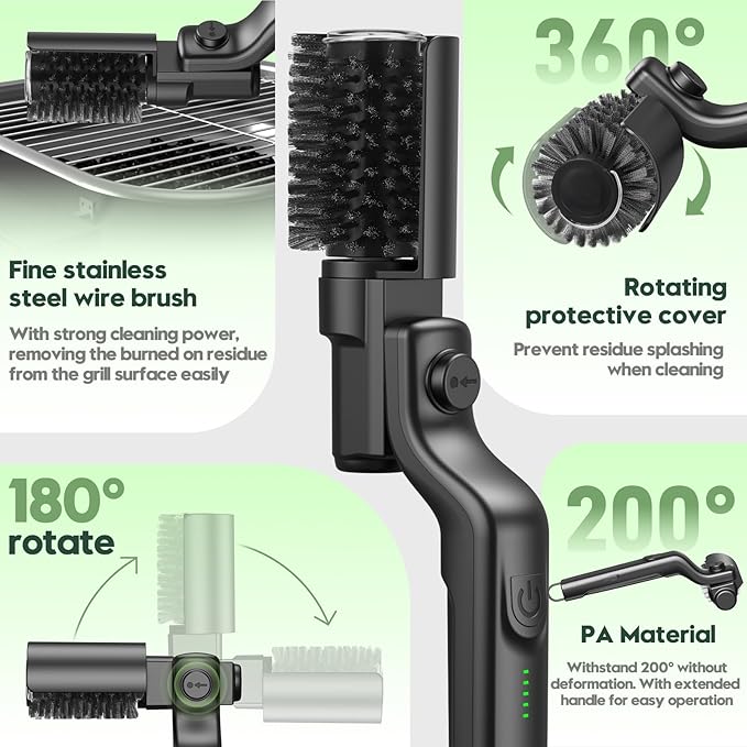 Juome Electric Grill Brush for Outdoor Grill, Cordless Rechargeable BBQ Grill Cleaner with 180°Adjustable Angle, Grill Cleaning Brush Kit with Grill Scraper, BBQ Grill Tools Accessories